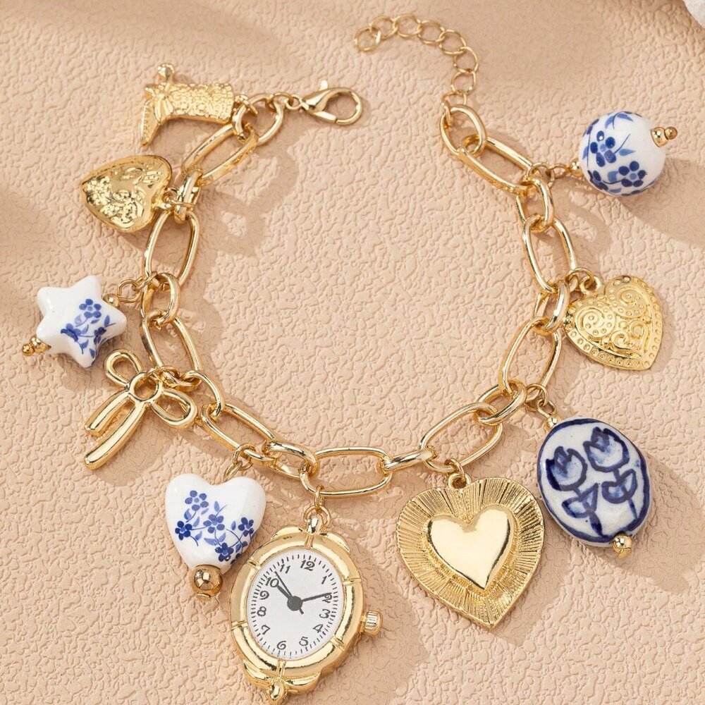 Multicolor Boho Women's Charm Bracelet With Faux Clock Heart Locket Bow - Picture 2 of 4